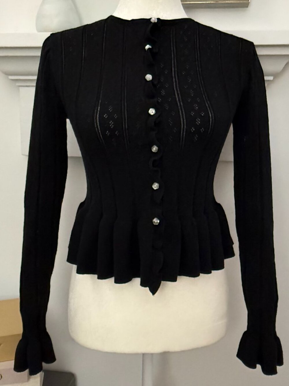 Scoop Black Pointelle Peplum Cardigan Ruffle Sweater XS